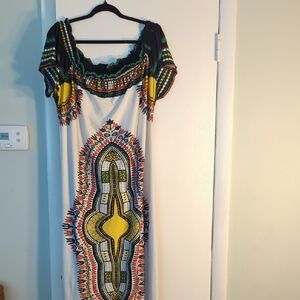 Ashley Stewart African/Tribal Print Maxi Dress With Tie Belt (White/Green)